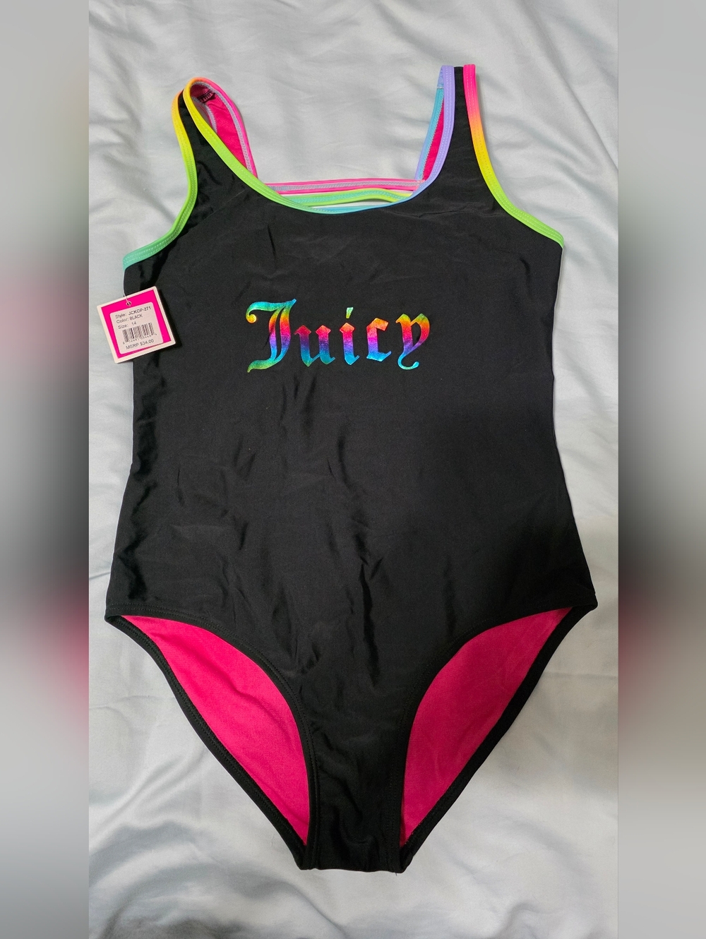 Juicy Rainbow Logo Black One-Piece Swimsuit Girls Size 14 Black Label
